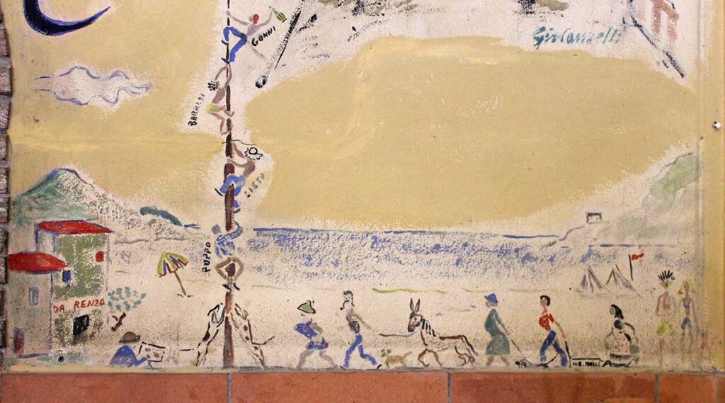 I pittori delle dune che giocano all'albero della cuccagna nella spiaggia di Procchio (1950/60 Olschki Marcella) - sopra l'albero, dal basso verso l'alto PUPPO / LIETO / BARALDI / GONNI ) - , sopra l'albero, dal basso verso l'alto PUPPO / LIETO / BARALDI / GONNI