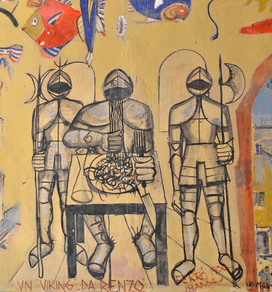 Un viking da Renzo. Tre personaggi in armatura davanti a un tavolo (1956 Gudmundur Gudmundsson detto Ferrò)